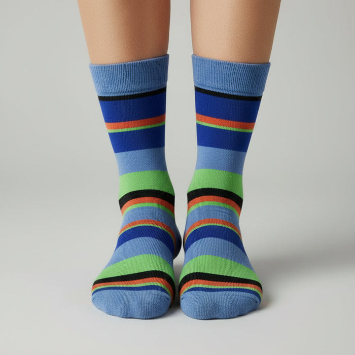 A pair of men's Moso bamboo socks with blue stripes, size 11-13, displayed on a cardboard stand.