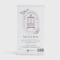 Moth box packaging with branding on a white background