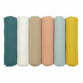 muslin squares set 6 in muted colours blue,cream,beige,pale orange, pale green , yellow