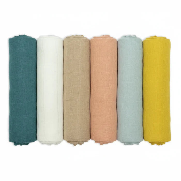 muslin squares set 6 in muted colours blue,cream,beige,pale orange, pale green , yellow