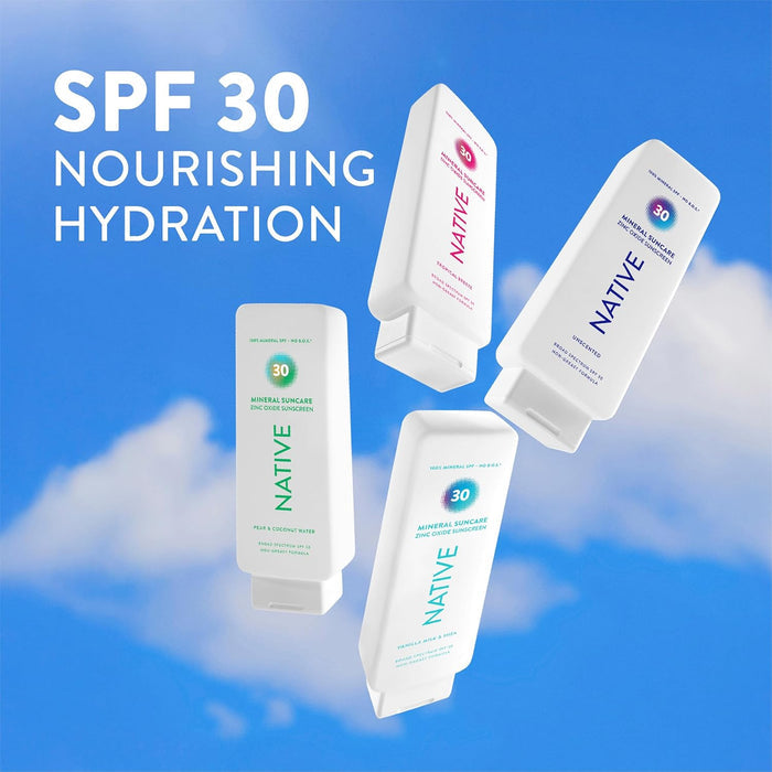7 oz face-and-body size in four scent variations: pear & coconut water, vanilla milk & shea, unscented, and tropical breeze
