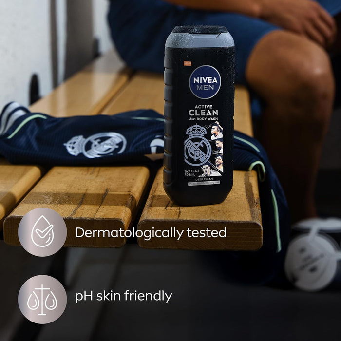 NIVEA MEN Real Madrid Charcoal 3-in-1 Body Wash – Fan Gift Pack for Him, Limited Edition Soccer Grooming Set