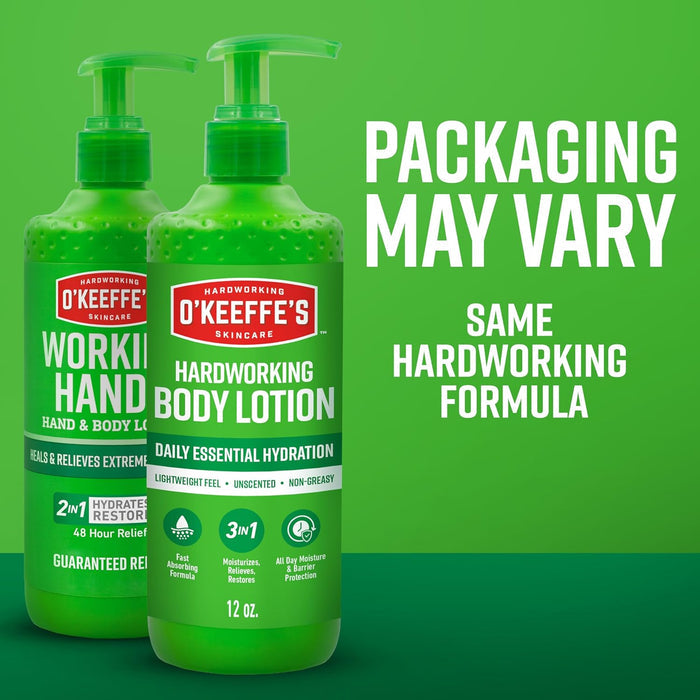 O'Keeffe's Hardworking Body Lotion Practical Get-Well Gift, Unscented Pump Moisturizer 12 oz