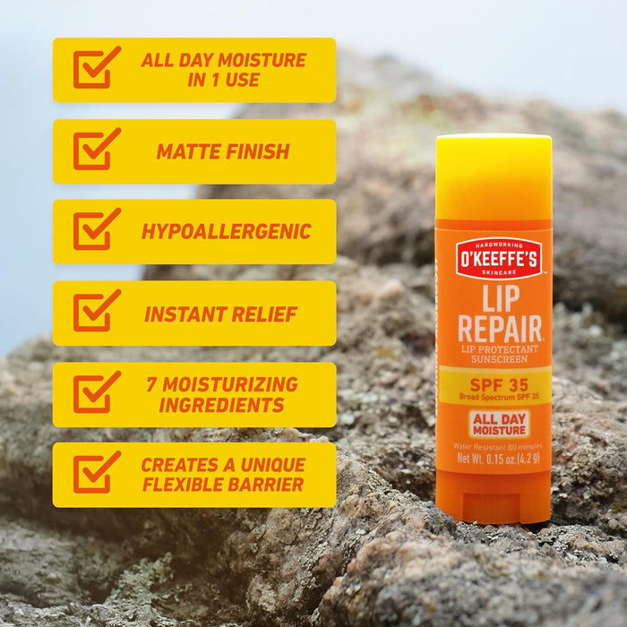 O'Keeffe's Lip Repair SPF 35 Stick – Daily Bathroom Moisturizer for Extremely Dry Lips, 3-Pack