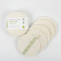 A pack of five organic cotton reusable facial pads, displayed alongside their packaging which indicates they are 'GOTS certified organic cotton'.