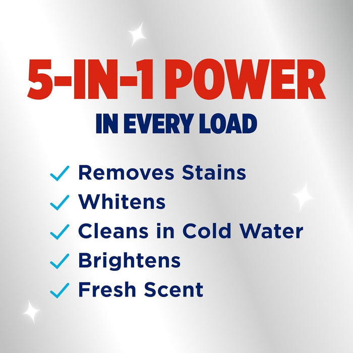 5-in-1 cleaning action: stain removal, whitening, cold-water cleaning, brightening, and fresh scent