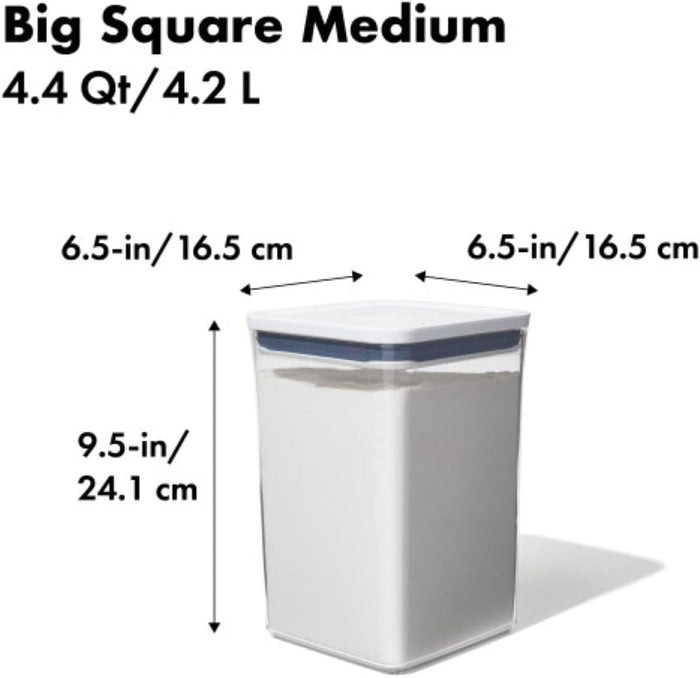 square, stackable footprint available in four sizes (1.1, 2.8, 4.4, 6.0 qt) and two finishes (white, matte black)