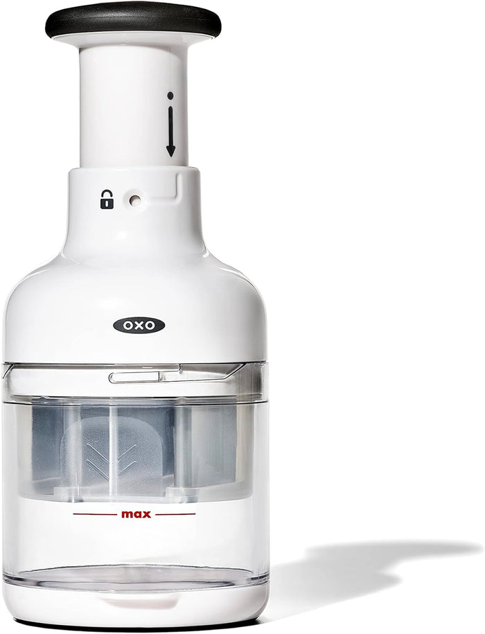 sharp stainless steel rotating blade activated by pumping the handle