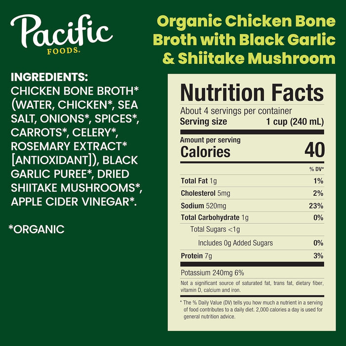 slow-simmered organic chicken bones with vegetables, herbs and apple cider vinegar for nutrient extraction