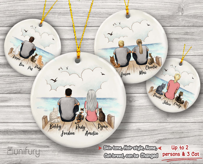 Personalized Cat & Couple Christmas Ornament - Wooden Dock