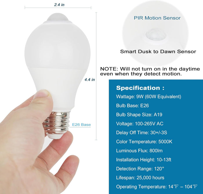 PIR Motion Activated LED Bulb – Auto On at Dusk for Front Door, Backyard, Shed, Outdoor Entryways