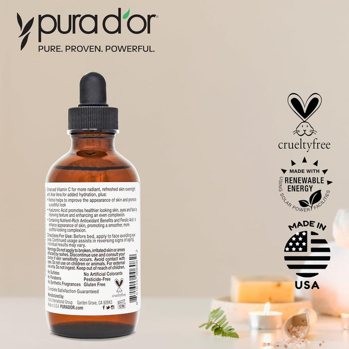 PURA D'OR Vitamin C Serum with Retinol 4 Oz – Streamlined Anti-Aging Step for Intentional Skincare