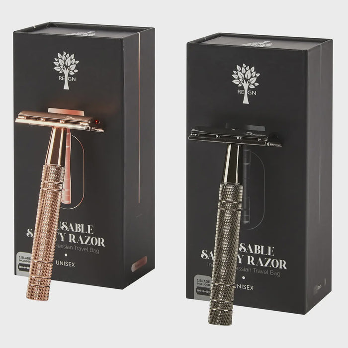 Two razors in packaging with ' Reign ' branding on a white background