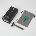 Reusable safety razor set with packaging and pouch on a white background