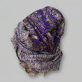 A purple silk sari scarf with floral patterns and kantha stitching, displayed on a neutral background.