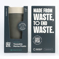 Reusable cup in packaging with 'Made from Waste, To End Waste' text on a white background