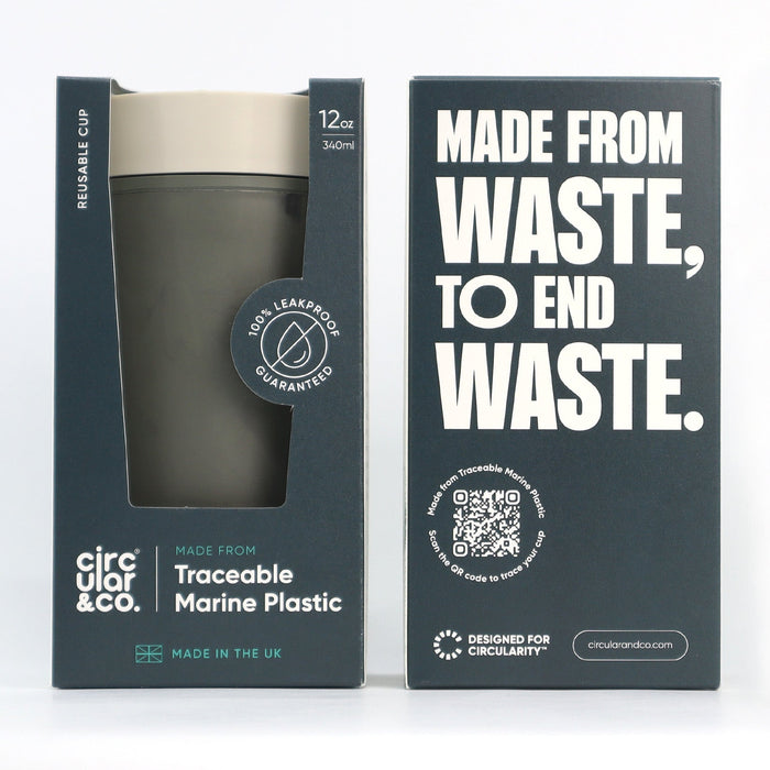 Reusable cup in packaging with 'Made from Waste, To End Waste' text on a white background