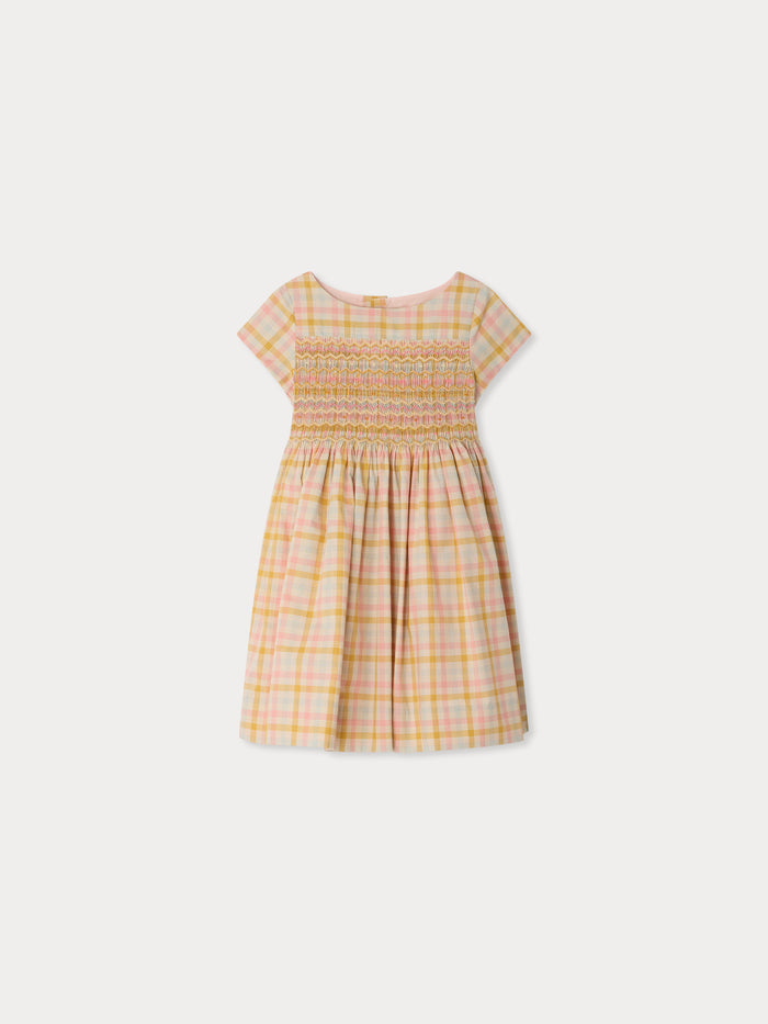 Robe Duchesse à carreaux smockée et brodée main en coton biologique