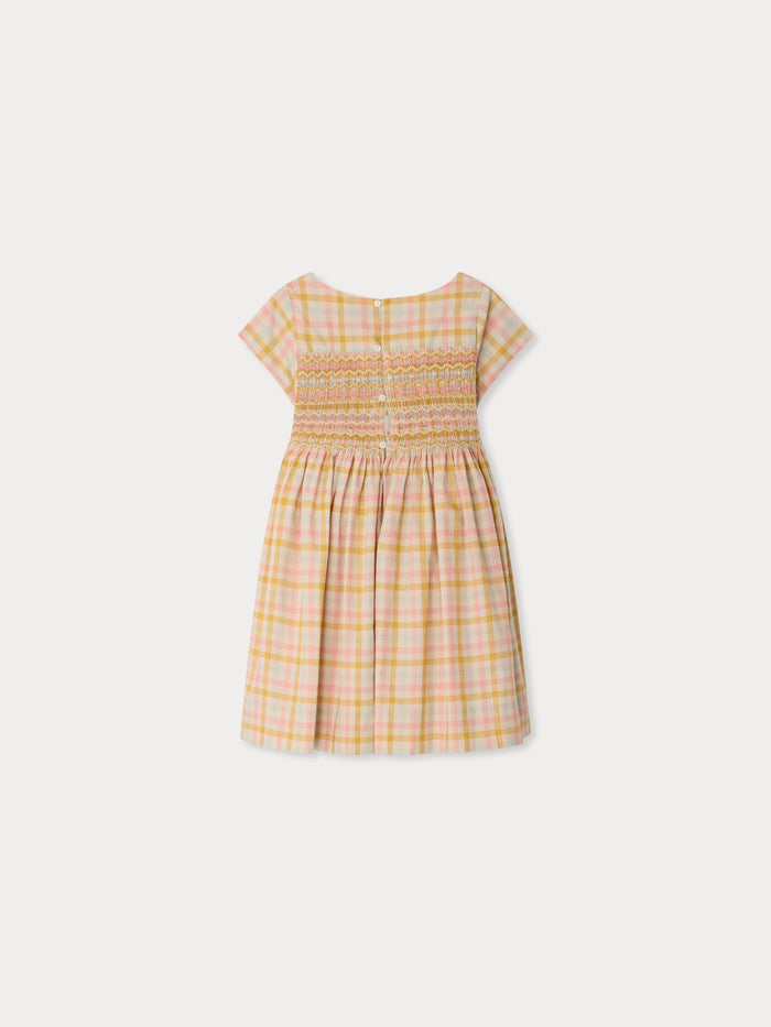 Robe Duchesse à carreaux smockée et brodée main en coton biologique