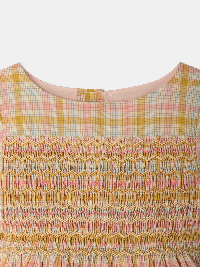 Robe Duchesse à carreaux smockée et brodée main en coton biologique