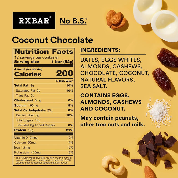 short, transparent ingredient list: dates, egg whites, almonds, cashews, chocolate, coconut, natural flavors, sea salt