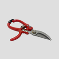 Red and silver pruning shears with a black rubber grip on the handle, shown on a solid gray background.