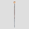 A vertical metal thermometer with a light wood ball at the top and a fine metal tube with printed temperature markings, centered on a solid gray background.
