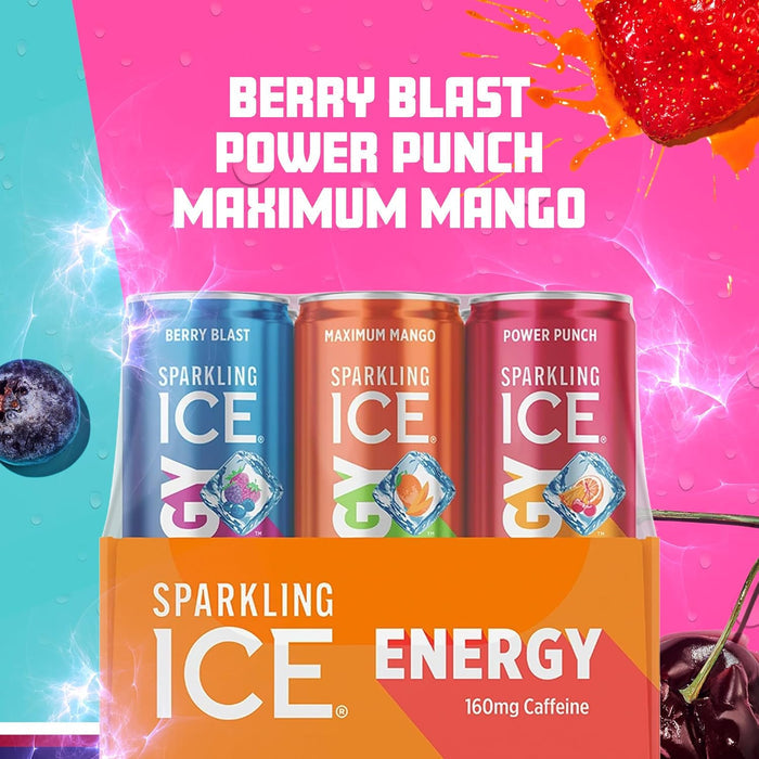 variety pack of 12 cans offering berry blast, maximum mango, and power punch flavors