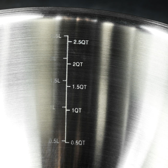 A closeup of the measurements on the side of a HexClad stainless steel mixing bowl.