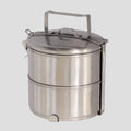 A stainless steel tiffin carrier with a handle on top and two compartments with lids.