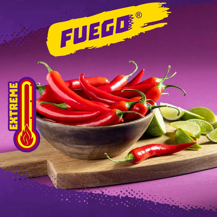 multiple flavor variants including fuego, blue heat, nitro, intense nacho, and dragon sweet chili