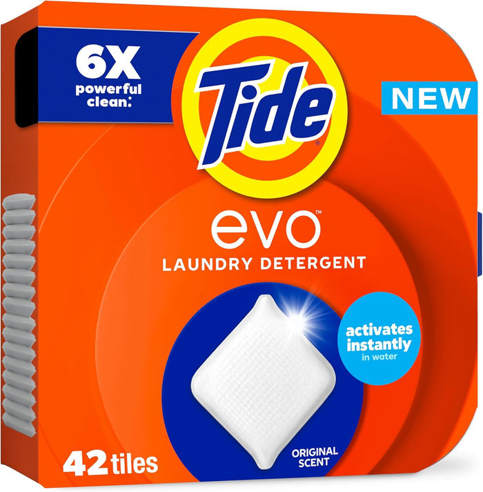 42 concentrated fiber tiles per box, each replacing a measured dose of liquid detergent