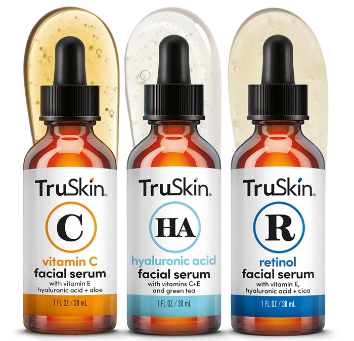 three-serum trio: vitamin c (am), retinol (pm), hyaluronic acid (all-day)