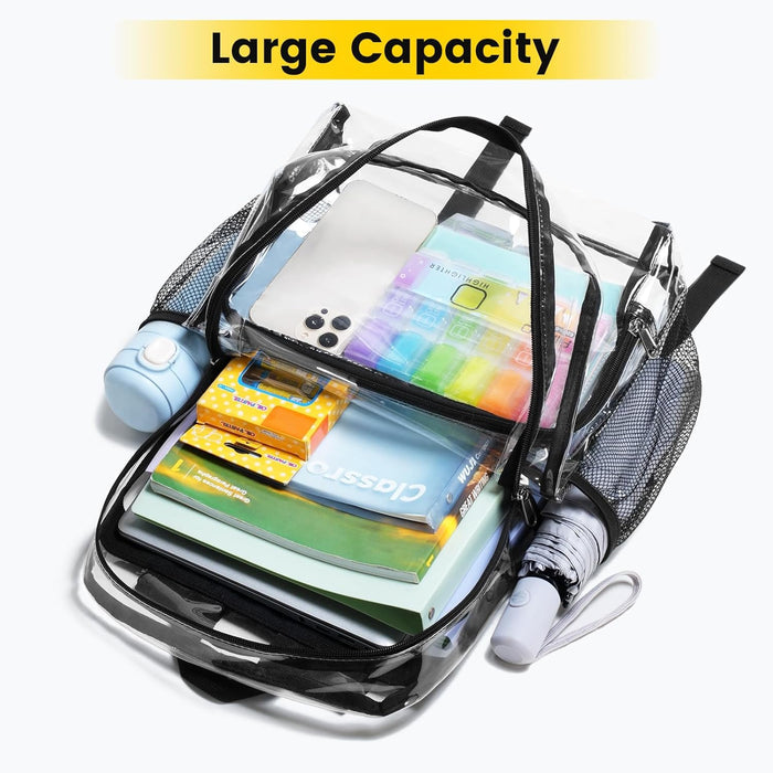 three pockets: one front zip pocket plus two side mesh pockets for bottles or umbrellas