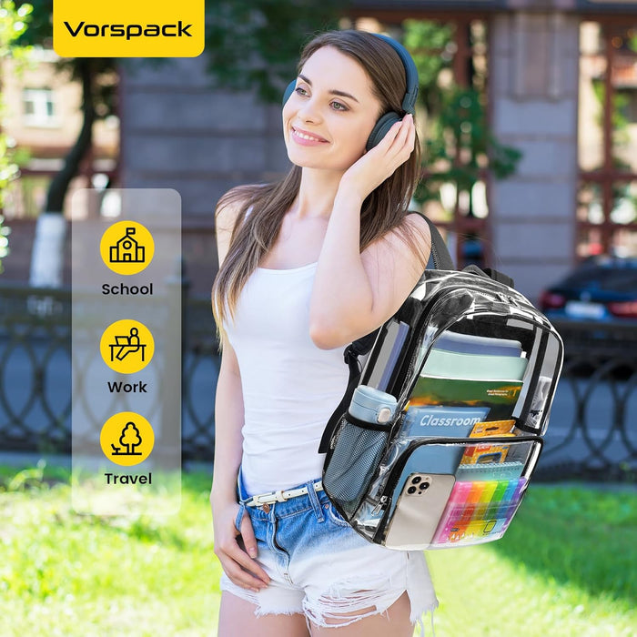 Vorspack Clear Backpack – College Campus Bookbag with Organized Pockets, Clear PVC