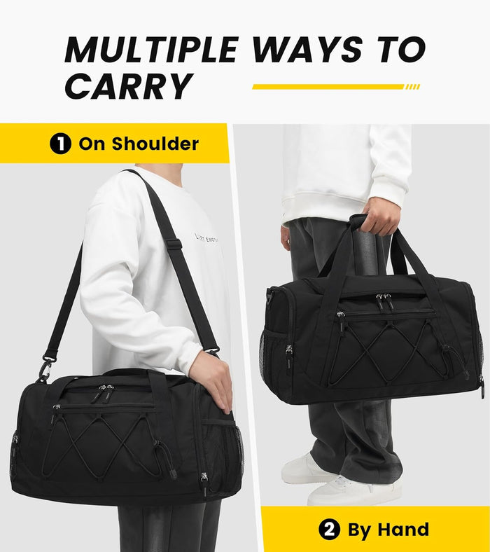 adjustable shoulder strap (24.5"-47.5") plus web handles secured by a magic sticker wrap