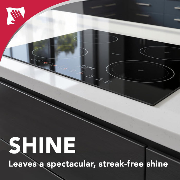 non-abrasive, scratch-safe formula safe for glass, ceramic, induction, gas, air fryer baskets, and microwave glass