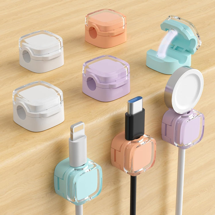 magnetic locking clasp that opens for cable insertion and snaps shut to hold the plug end firmly