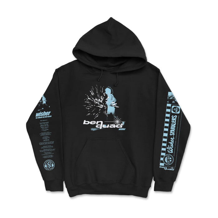 Ben Quad black hoodie featuring light blue graphics of a person’s silhouette, abstract splashes, and bequad text on the front. Blue and white graphics with text run down both sleeves and one side.
