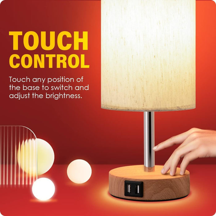 flaxen fabric shade on a polished metal cylindrical body