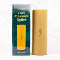 A beige cork yoga block with the brand name 'myga' printed on the front.