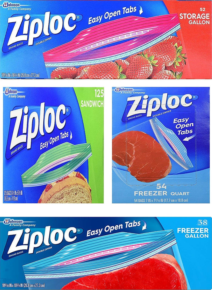 four bag types in one pack: 54 freezer quart, 38 freezer gallon, 125 sandwich, and 52 storage bags
